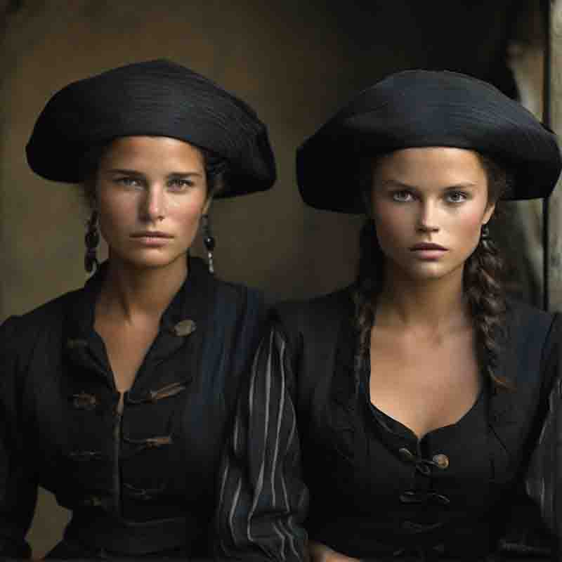 Two women in black hats and traditional Brittany clothes.