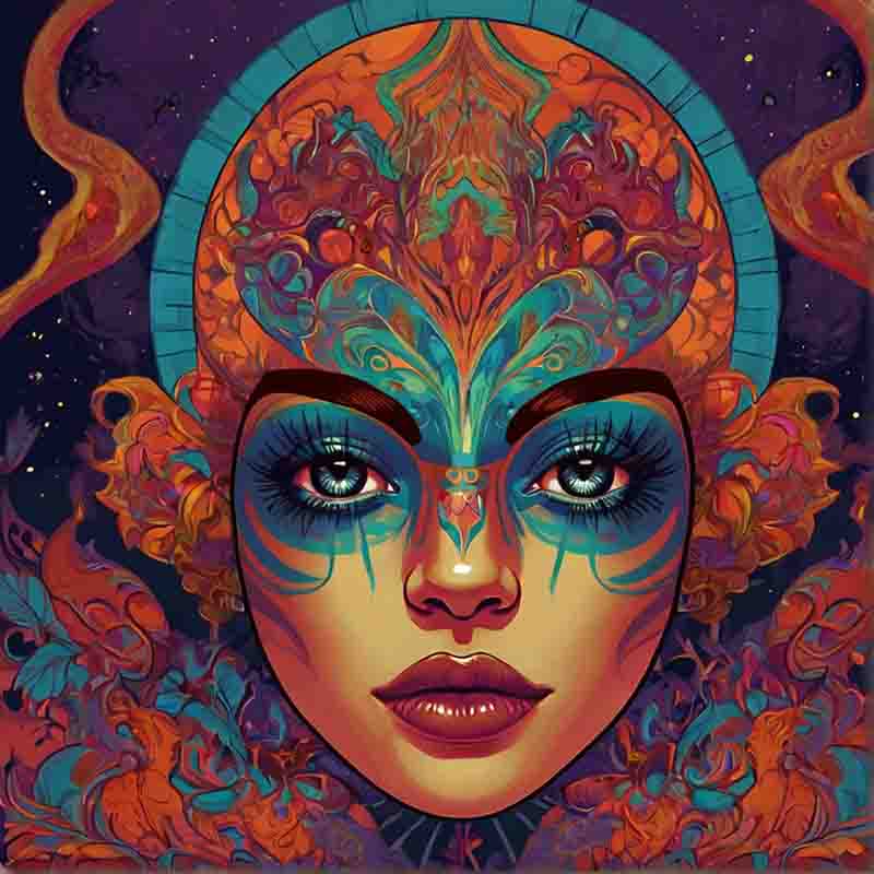 Psychedelic rock woman with bright make-up and an elaborate decorative headdress.