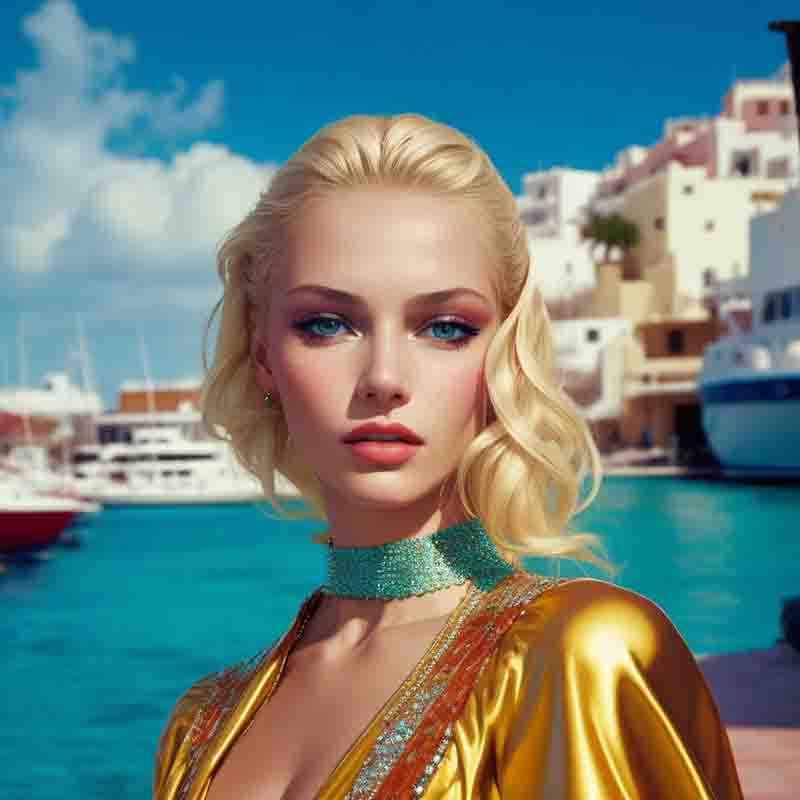 Sensual model in a gold dress standing in front of the Ibiza Marina filled with boats. Her dress is shiny gold with a plunging neckline. Several boats, including a large yacht, are visible in the Ibiza marina.