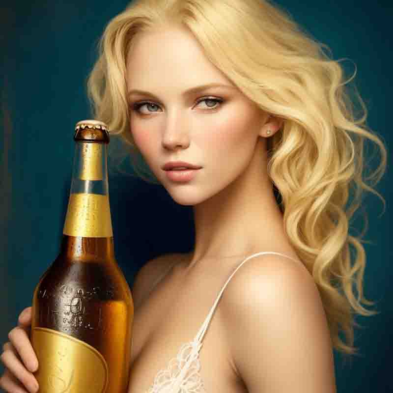 Sensual blond woman in front of a blue setting holding a bottle of beer.