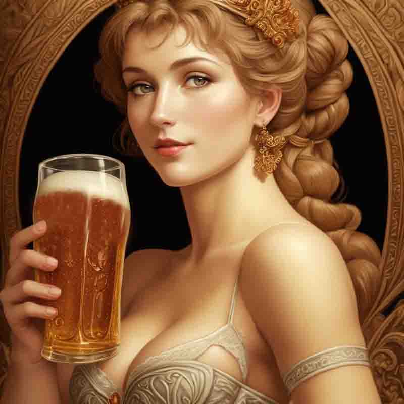 A beautiful sensual blond woman in front of a golden brown frame setting holding a chilled glass of beer in her hand.
