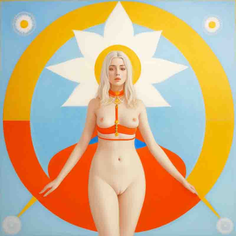 Blonde nude model stands in front of color circle in orange and yellow. A flower-like ornament behind her head. The background is light blue.