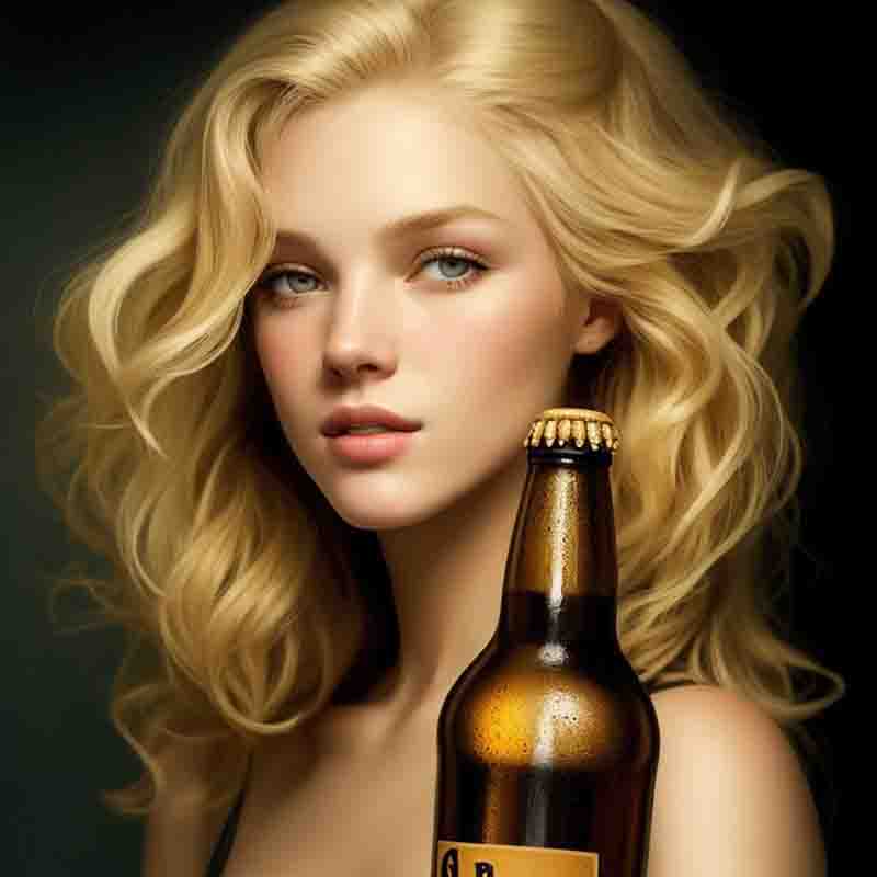 Image of a woman holding a beer bottle. She has blonde hair that is styled in loose curls and is wearing a black top. The beer bottle is brown and has a gold label on it.