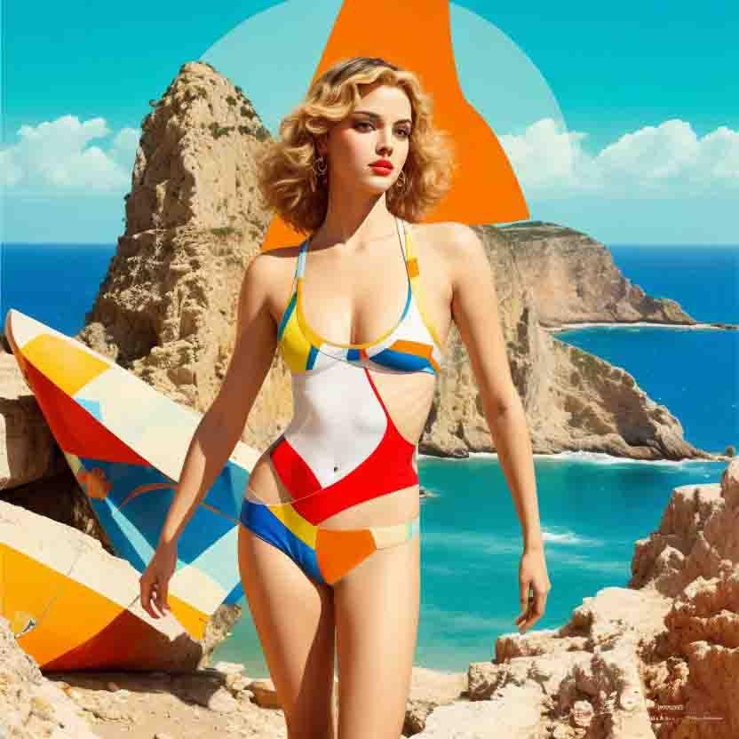 Blonde Ibiza beauty in colorful swimsuit against Ibizan background with blue sky and yellow sun with artistic color elements
