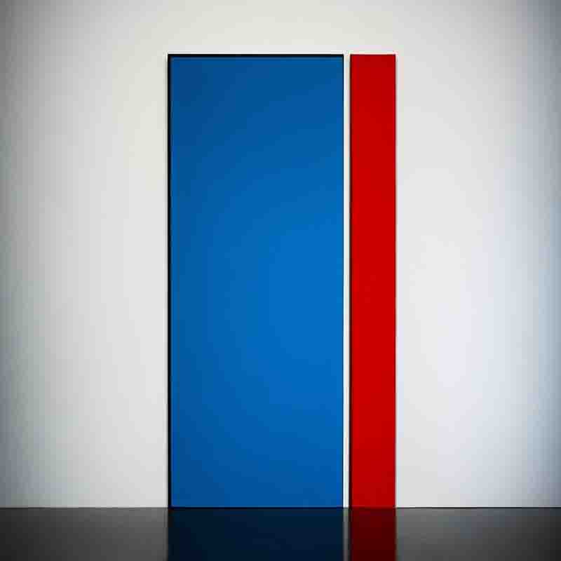 Blue Chip art of a door with blue and red colors stands out against a white wall, creating a vibrant contrast.