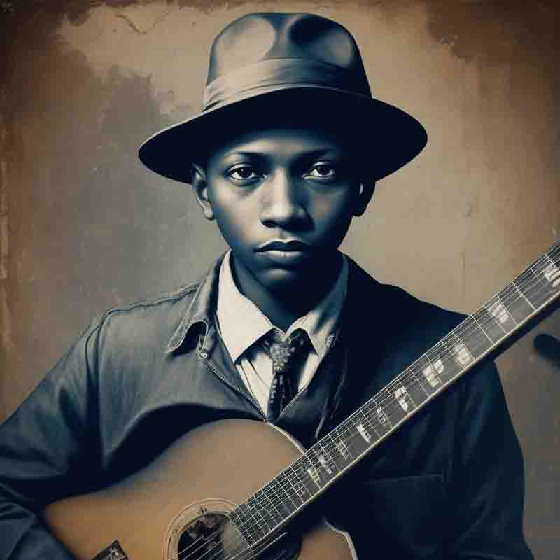 A blues musician in formal attire holding a guitar.