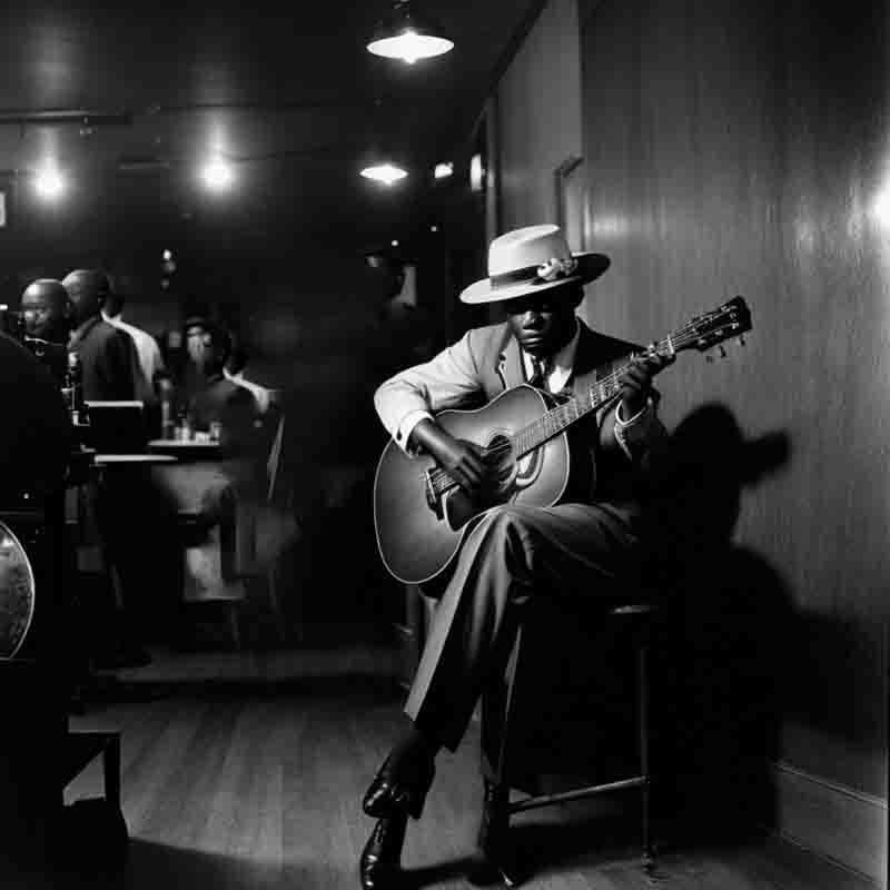 Blues Player in dim light bar with his Martin Acoustic Guitar