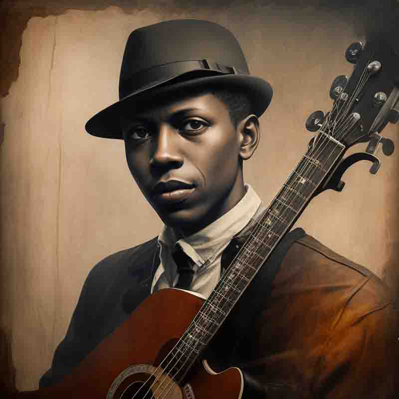 A black blues man in a hat strums with acoustic guitar.