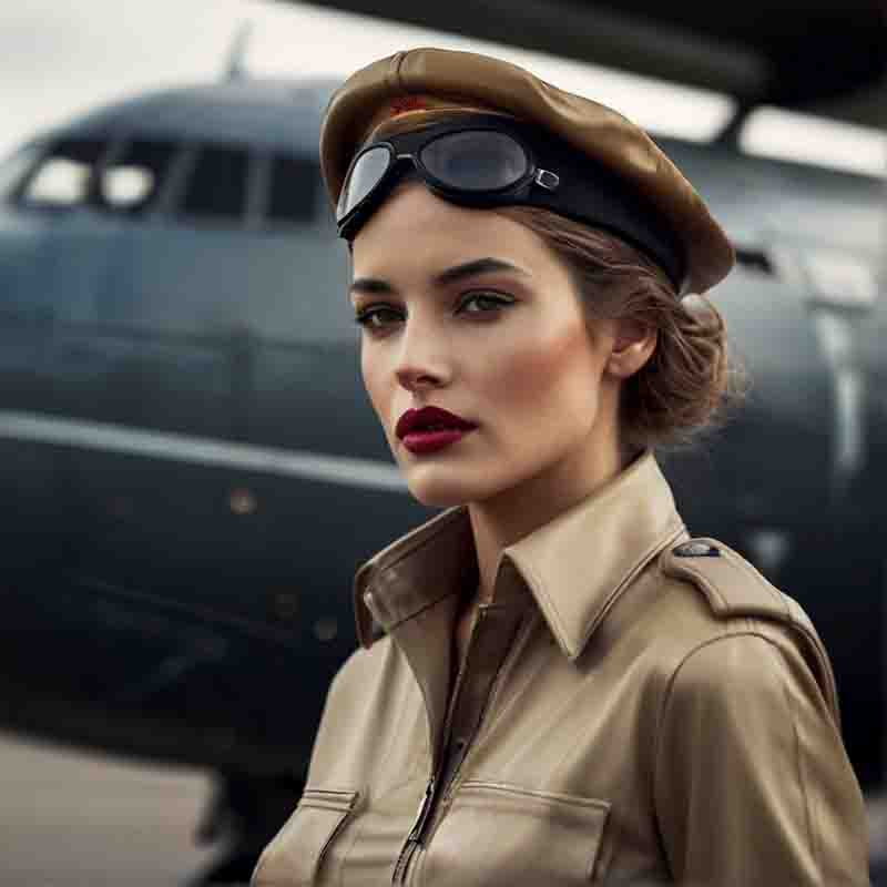 Beautiful female pilot adorned in a military uniform, gracefully poses before a majestic Boeing airplane.