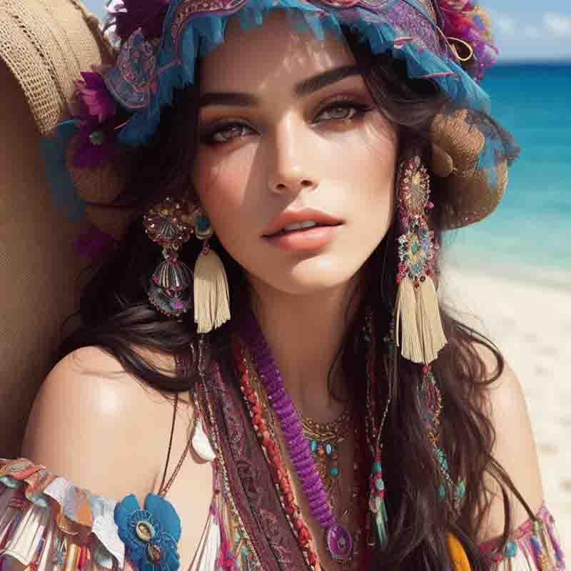 Dynamic and colorful Ibiza beach scene showing a sensual boho chic model adorned with a variety of colorful accessories and dressed in boho style clothing.