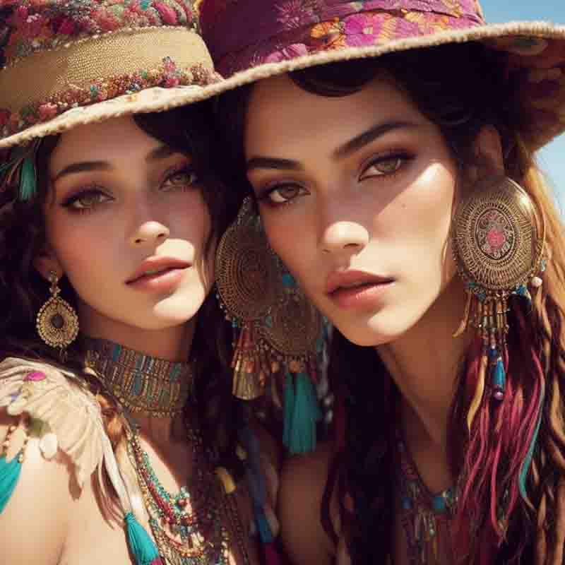 Close-up of two beatiful boho Ibiza models wearing colorful and elaborate hats and fashion Boho chic accessories. The backdrop of the image is a clear blue sky, which contrasts beautifully with the vibrant colors of their Boho fashion.