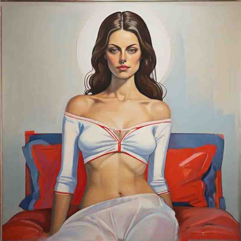 Sensual woman in a white top sitting on a red bed - a captivating fine art painting capturing serenity and contrast.