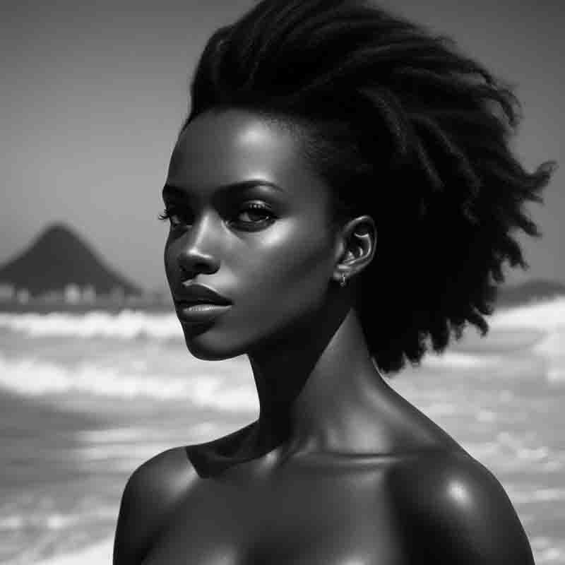 Monochrome portrait of a gorgeous woman with dreadlocks at the beach in Rio de Janeiro.