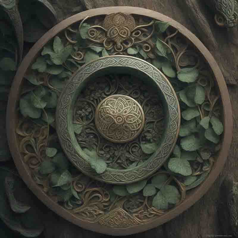 Breton Celtic circular amulet shield with Celtic design and leaves surrounding it. The Celtic motif is carved into the oak wood and features intertwined knots and spirals.