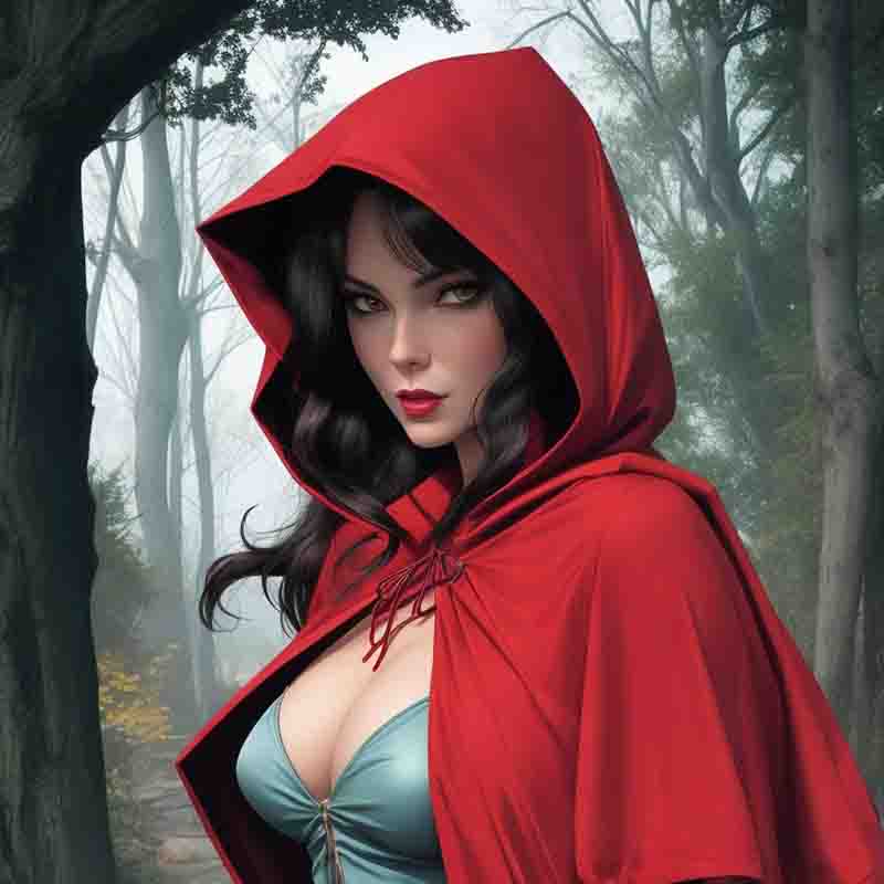 Brothers Grimm little red riding hood wearing a red hooded cloak, exuding an air of mystery and intrigue.