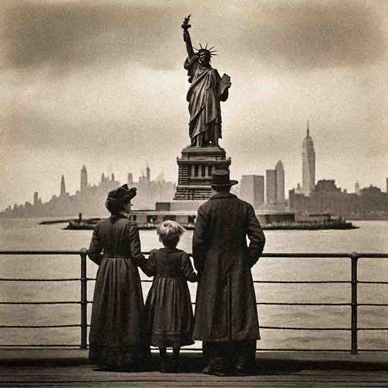 German American immigrant family stands proudly before the  Statue of Liberty