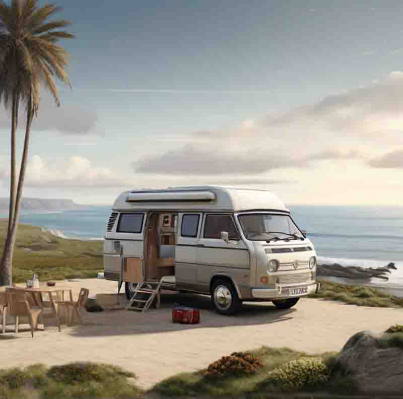 A camper van parked by the ocean, with a table and chairs set up outside.