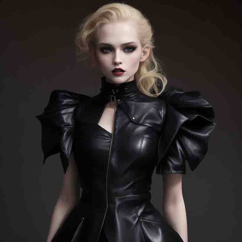 The epitome of opulence, a Vamp chic woman dons a stunning black leather dress and jacket, radiating confidence and style.