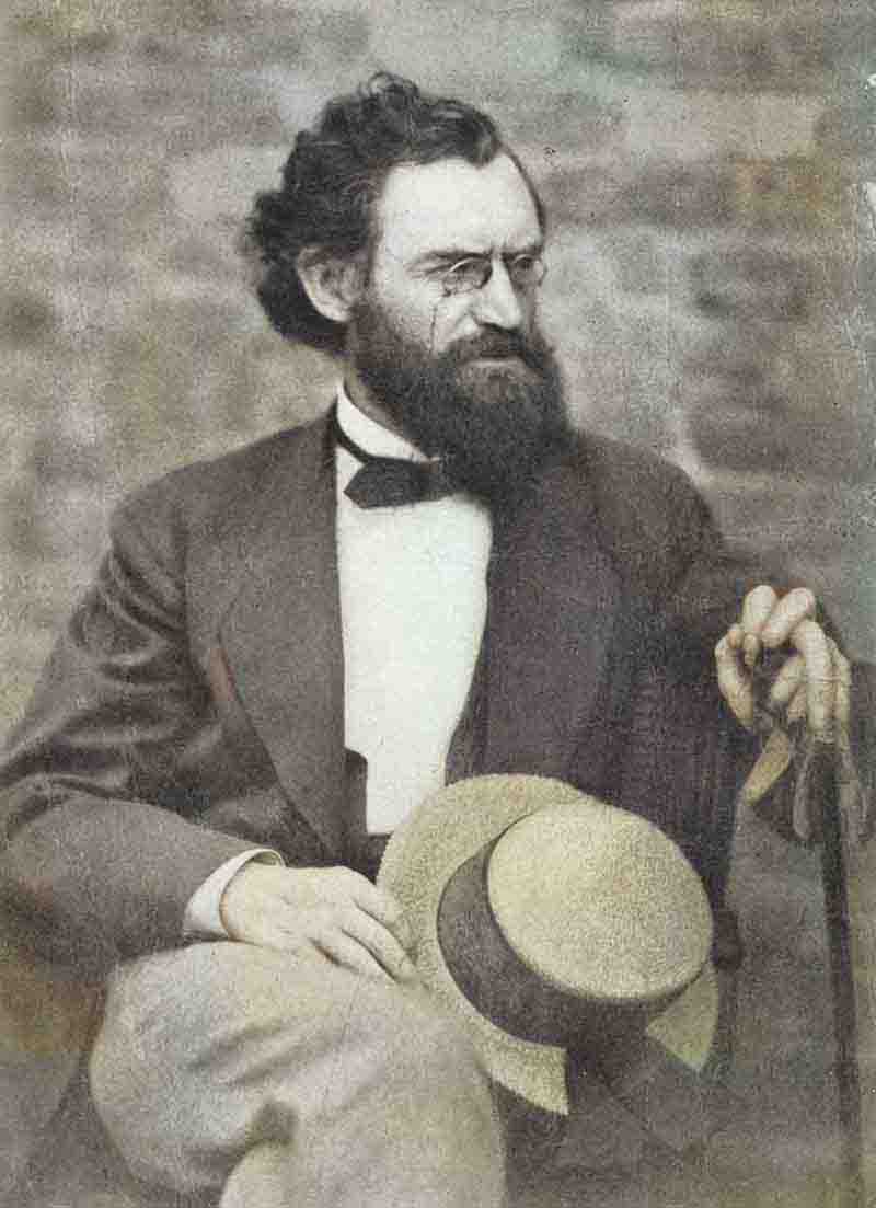 Carl Schurz seated facing a bit to the right holding a straw hat and a cane