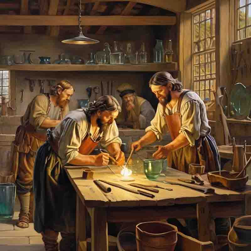 Skilled German-American craftsmen work efficiently in a workshop, Jamestown around 1619