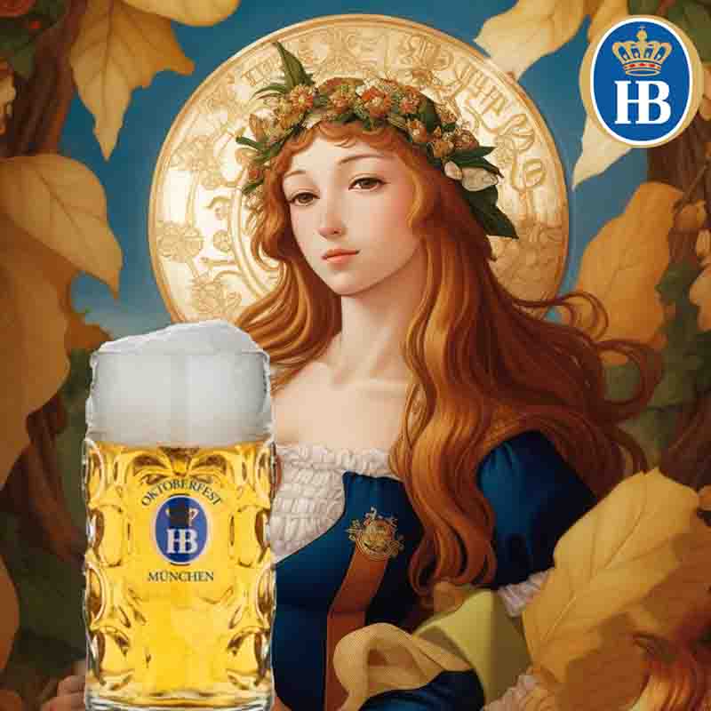 Photo-realistic image of a woman holding a large stein of beer. She is wearing a traditional Bavarian dress with a blue bodice and white blouse. The stein is a large glass mug with a handle and has a blue and gold label that reads “Oktoberfest HB Munchen”.