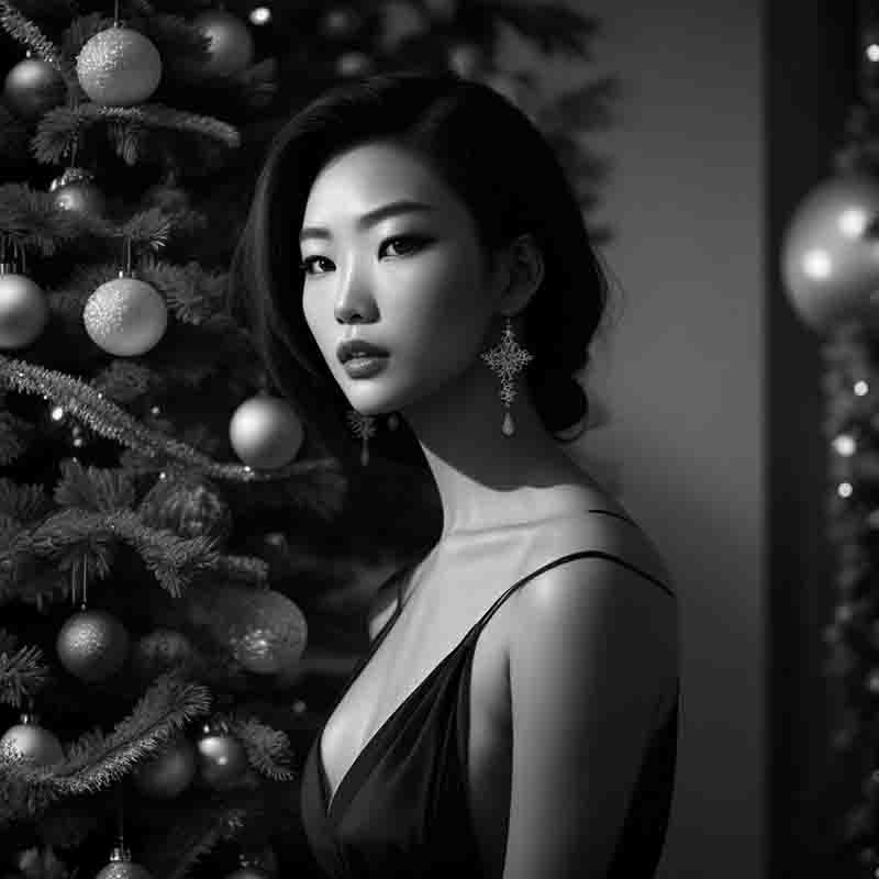 Enchanting black and white photo, a gorgeous woman strikes a pose in front of a beautifully decorated Christmas tree..