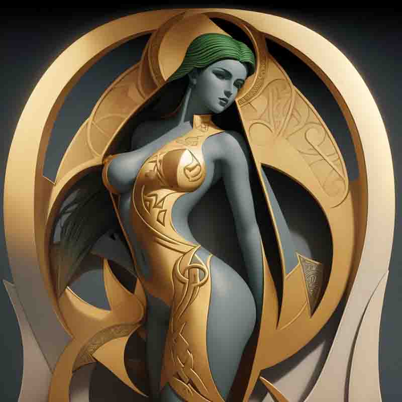 Sculpture artwork of a sensual Celtic woman with emerald green hair and  gilded body depicted within a Celtic design ornate gold frame.