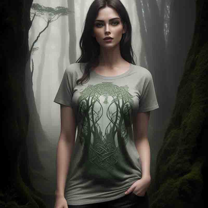 A woman wearing a green celtic fashion shirt adorned with a tree design, showcasing her affinity for nature and stylish fashion.