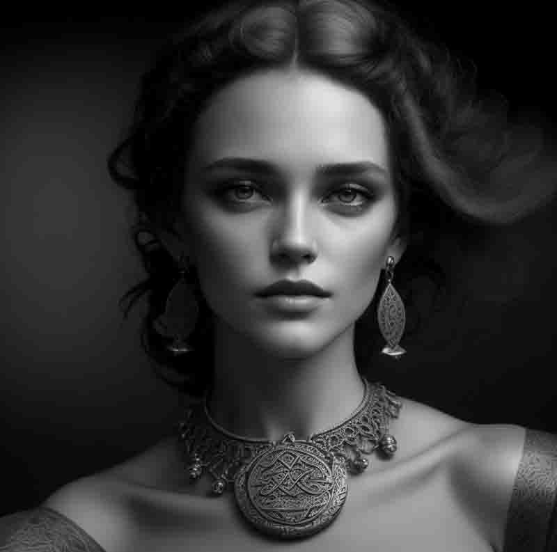 Black and white photo of a beautiful Celtic Model's neck and shoulders. She is wearing a large, ornate necklace with a circular Celtic pendant. and Celtic Jewelry earrings. The necklace is made of silver and has intricate Celtic designs on it.