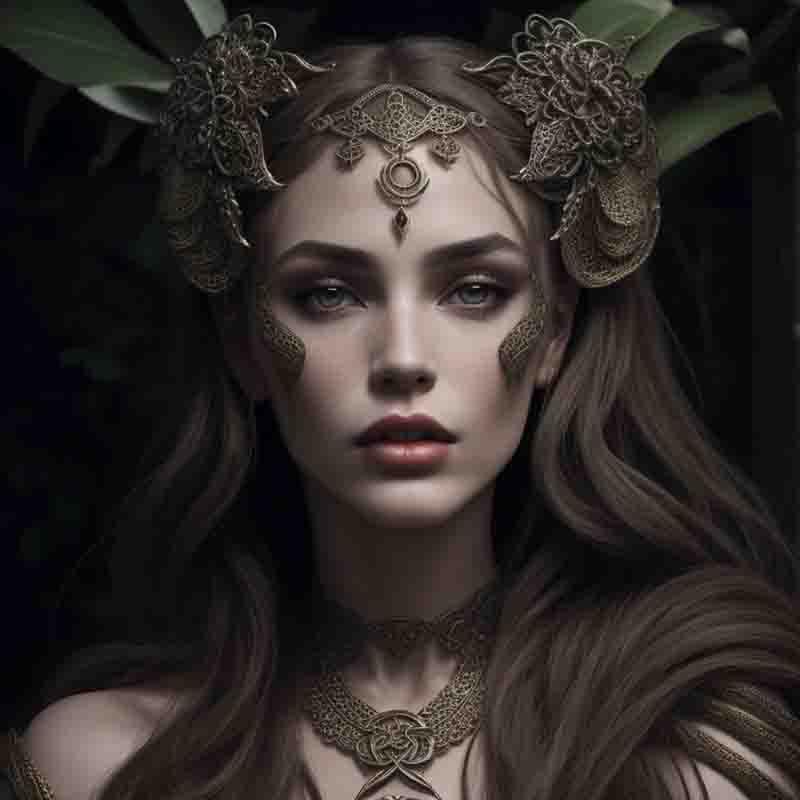 A stunning Celtic mythology woman with flowing hair and elegant gold jewelry adorning her.