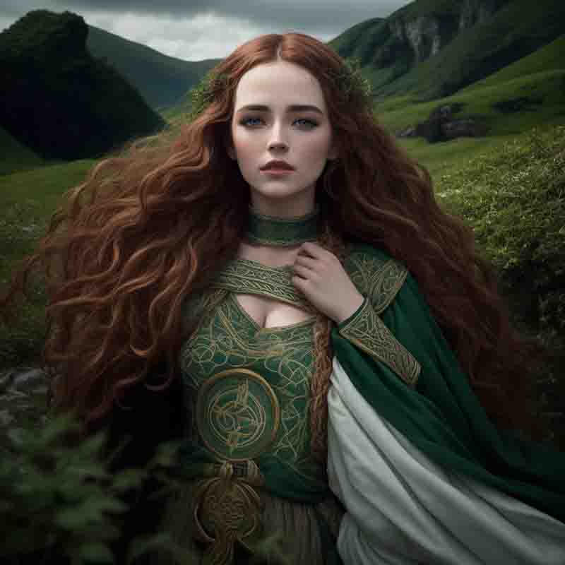 Image depicting a hostorical Bretagne Celtic Woman with long red hair in a green medieval dress with gold accents in the Brittany mountainous landscape. She is wearing a dress has a green bodice with gold Celtic knot designs.