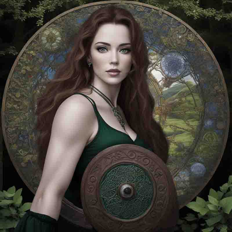 Female Celtic warrior dressed in green with shield in front of Celtic Wheel of the Year.