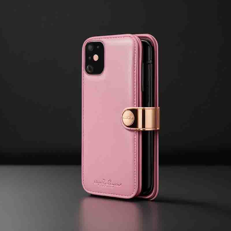 A stylish rose gold iPhone 11 case featuring a pink leather cover, perfect for adding a touch of elegance to your device.