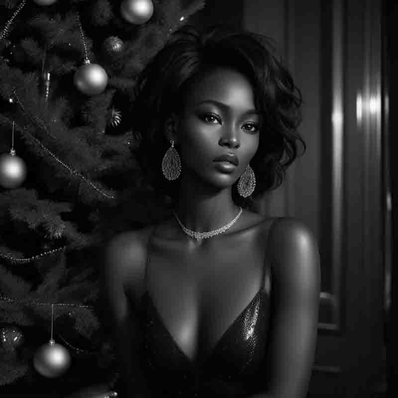 A stunning woman elegantly poses near a Christmas tree in a captivating black and white photograph.