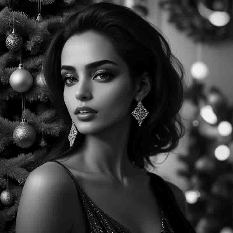 A stunning woman stands near a Christmas tree in a captivating black and white photograph.