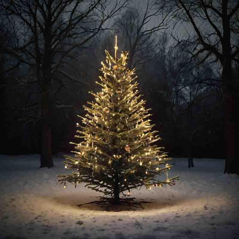 Timeless image of beautiful lady in black dress standing by Christmas tree.