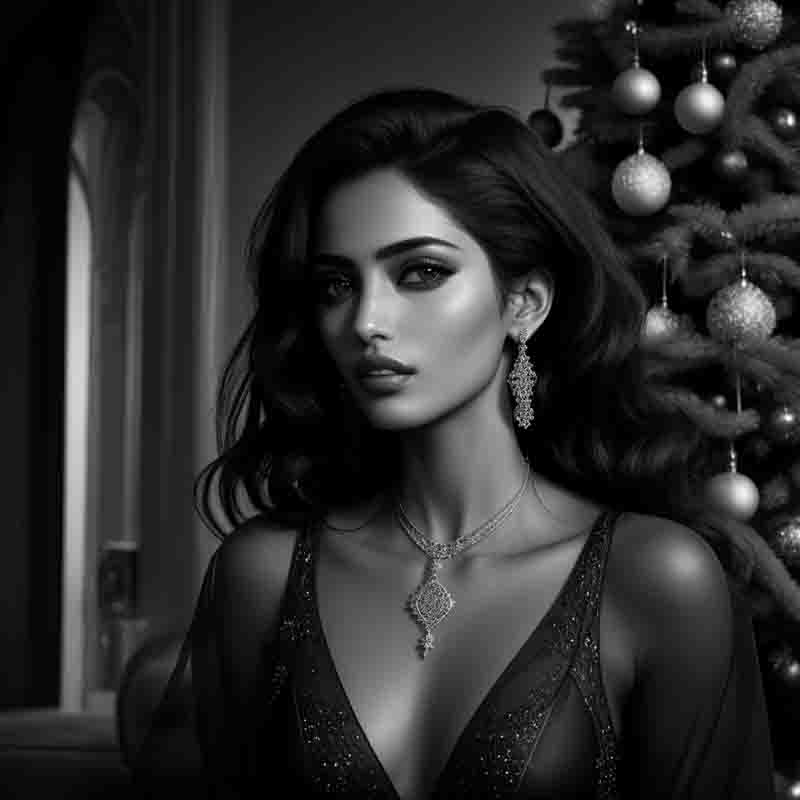 Timeless image of beautiful lady in black dress standing by Christmas tree.