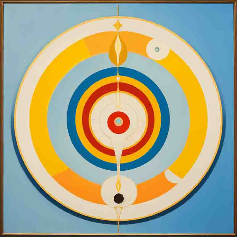 Painting of a target on a blue background. The target is made up of concentric circles of different colors, starting with a small black circle in the center and expanding to larger circles of red, yellow, green, blue, and purple.