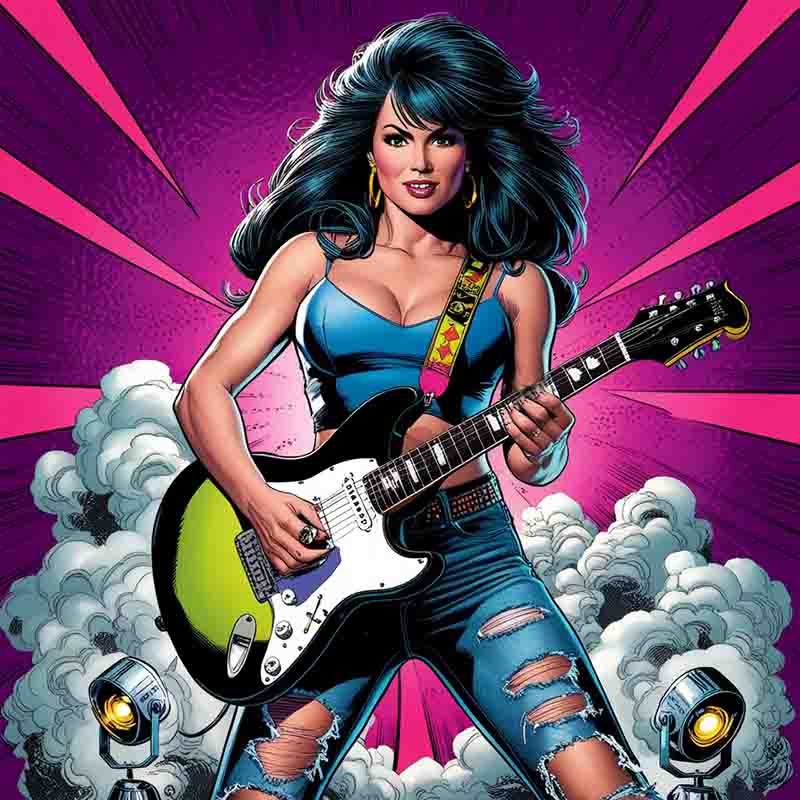 A classic rock woman with long black hair playing an electric guitar.