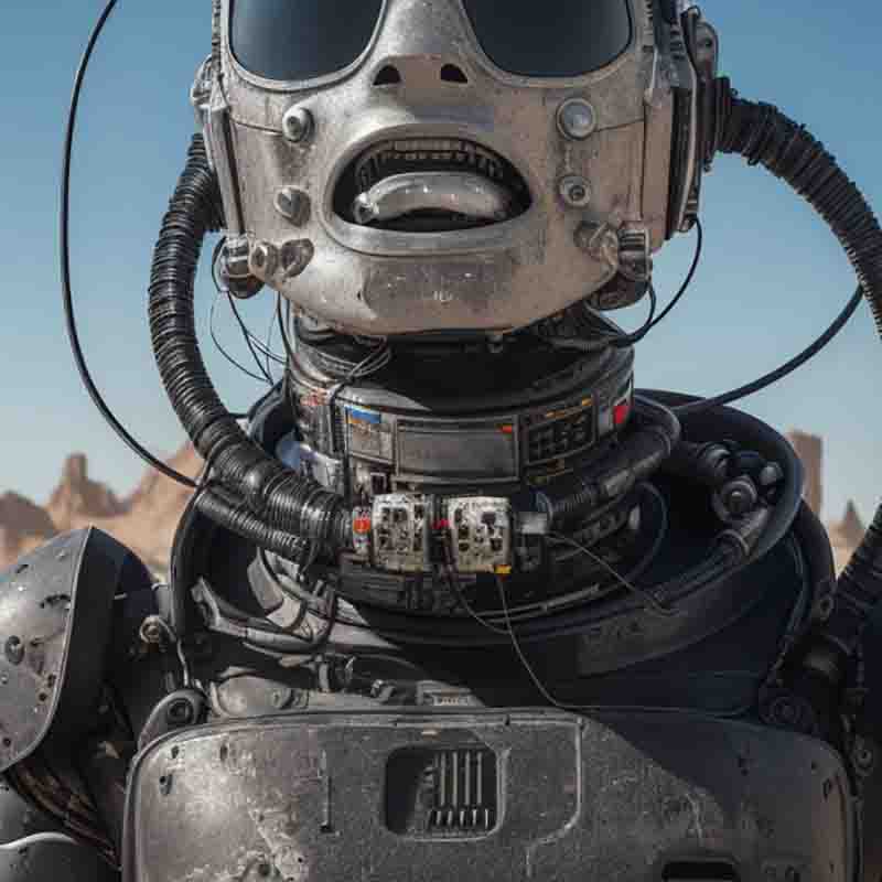 Close-up of a alien robot's face. The alien is wearing a helmet and sunglasses. The background is a desert landscape.