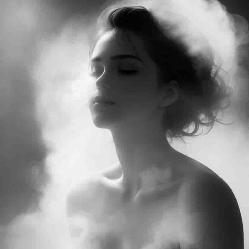 A sensual woman in a vaping cloud.