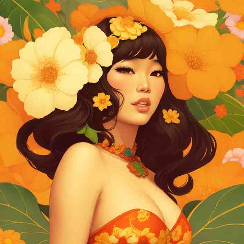 A stunning Asian flower power woman adorned with flowers in her hair, radiating beauty and grace.