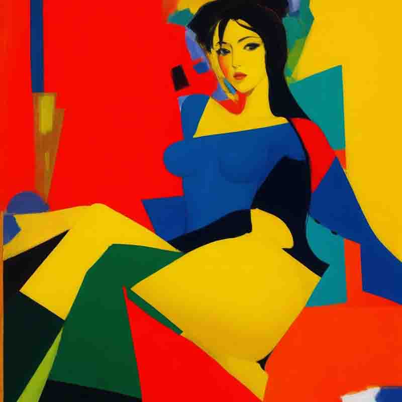 Digital nude art image of a sensual woman in a colorful modern art setting. The colors are reds, blues, yellows and greens.