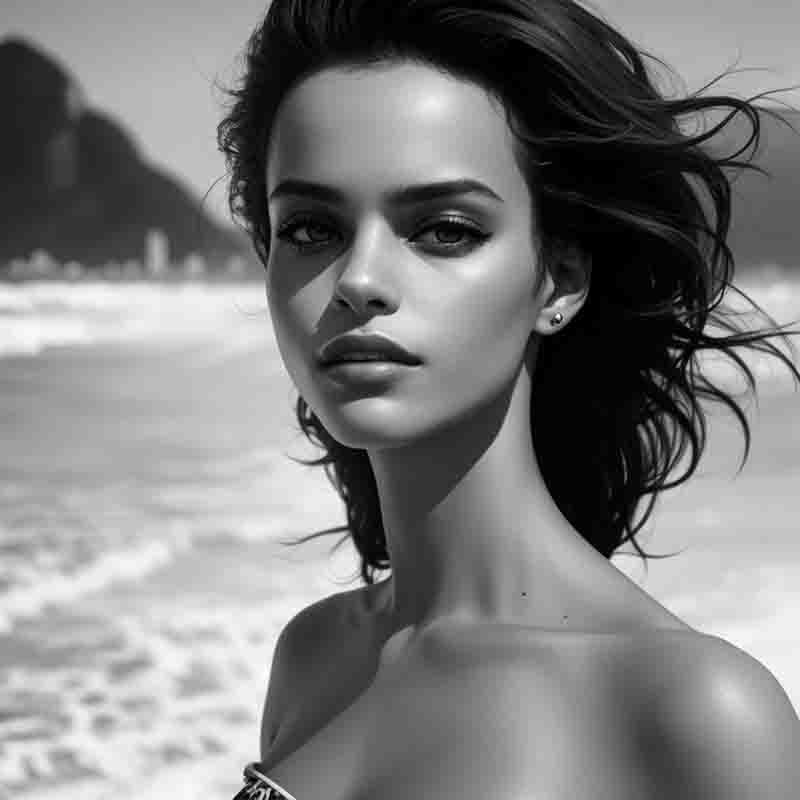 Black and white image of woman relaxing on a sandy beach in Rio de Janeiro.