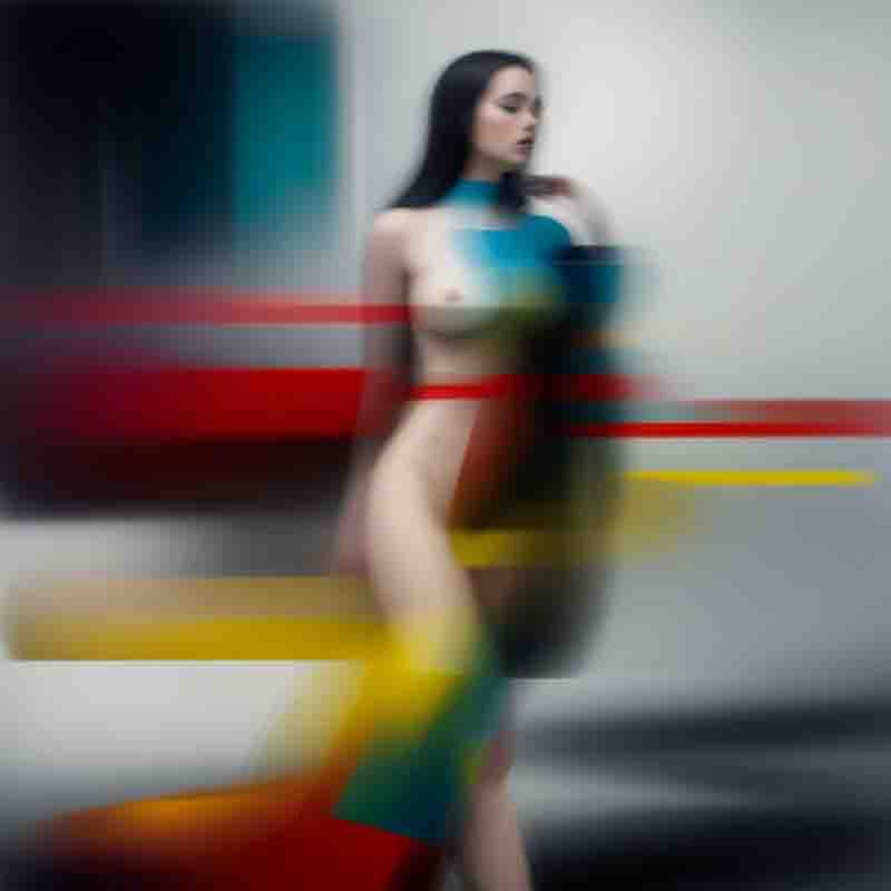 Nude model in futuristic looking scenery.  The nude model is depicted blurred. The digital artwork is composed in blue, yellow and red colors.