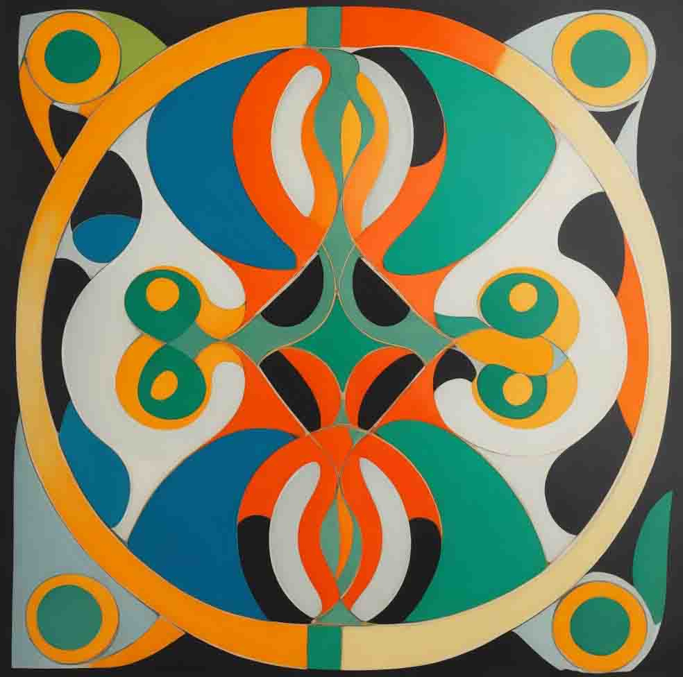 Circular Celtic abstract art painting, blending vibrant colors and intricate patterns. The Celtic circles are slightly overlapping, creating a sense of depth and movement.