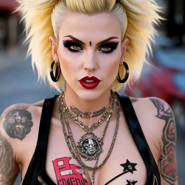 Blond counterculture woman, mid-30s, portrayed as a vixen in Russ Meyer B-movie style. She wears a punk rock hairstyle, her hands are adorned with rings and she has a rebellious and confident demeanor.