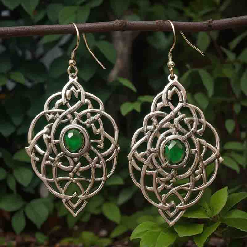 A pair of perfectly crafted Celtic jewelry silver drop earrings hanging from a branch of a tree. The Celtic earrings are each composed of a small, round green stone suspended from a delicate chain. The stones are a deep, emerald green color.