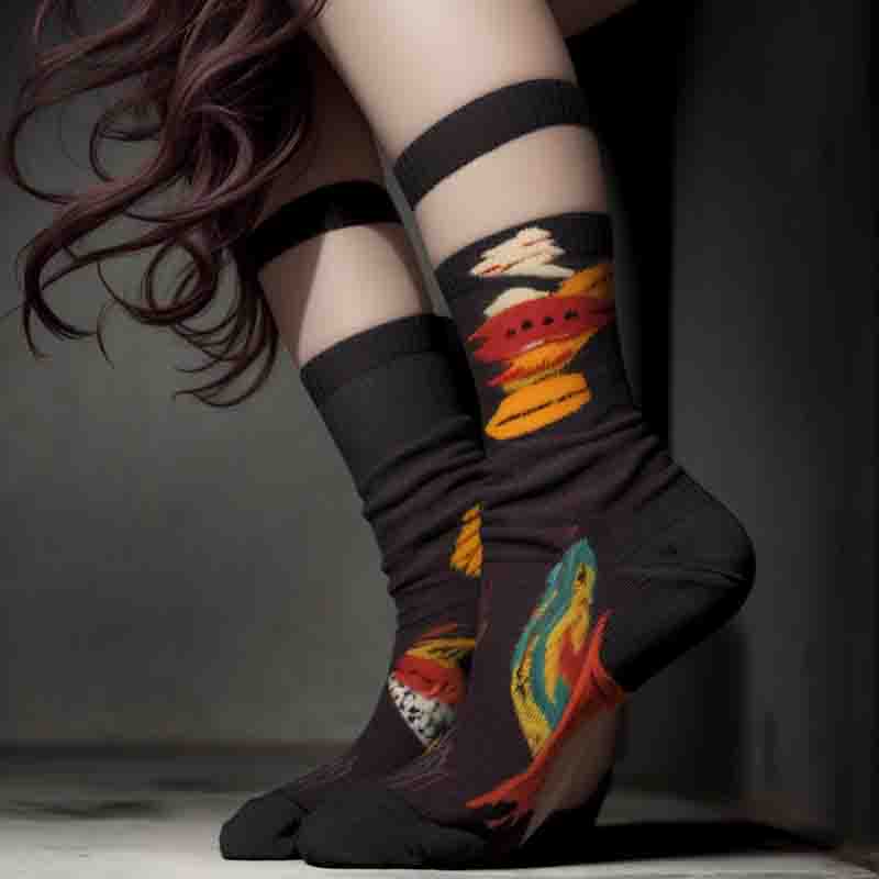 A captivating image showcasing a woman's legs adorned with whimsical graphic socks featuring fish and various intricate designs.