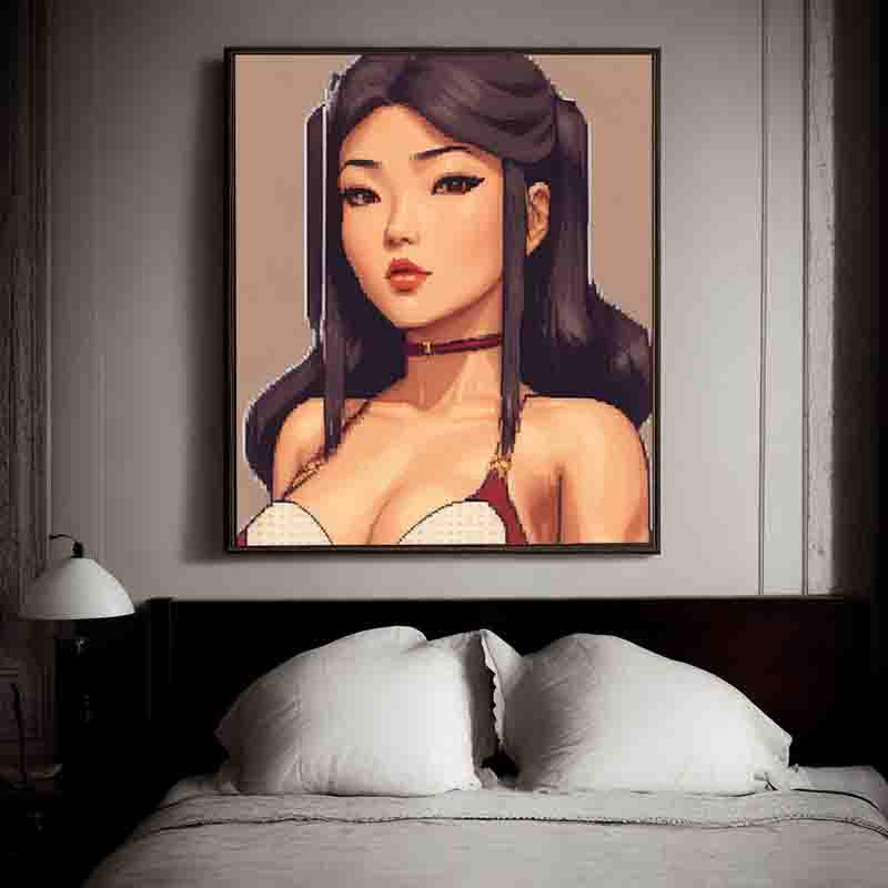 A captivating artwork showcasing a woman wearing a bra, depicted in a large wall art painting.